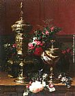 A Still Life With A German Cup, A Nautilus Cup, A Goblet An Cut Flowers On A Table